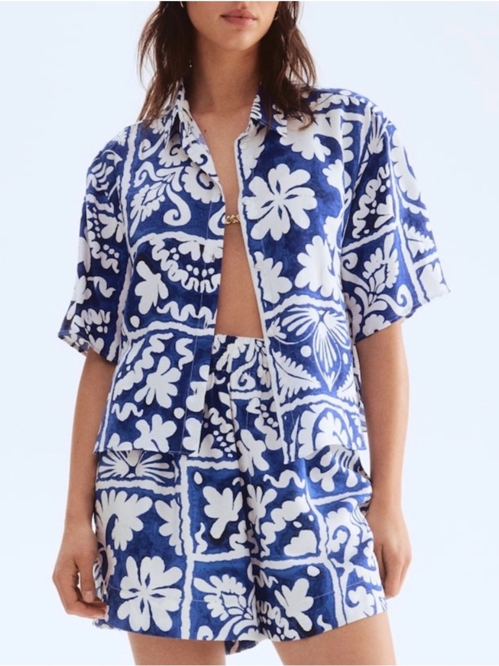 H&M Blue and White Floral Block Print Short Set